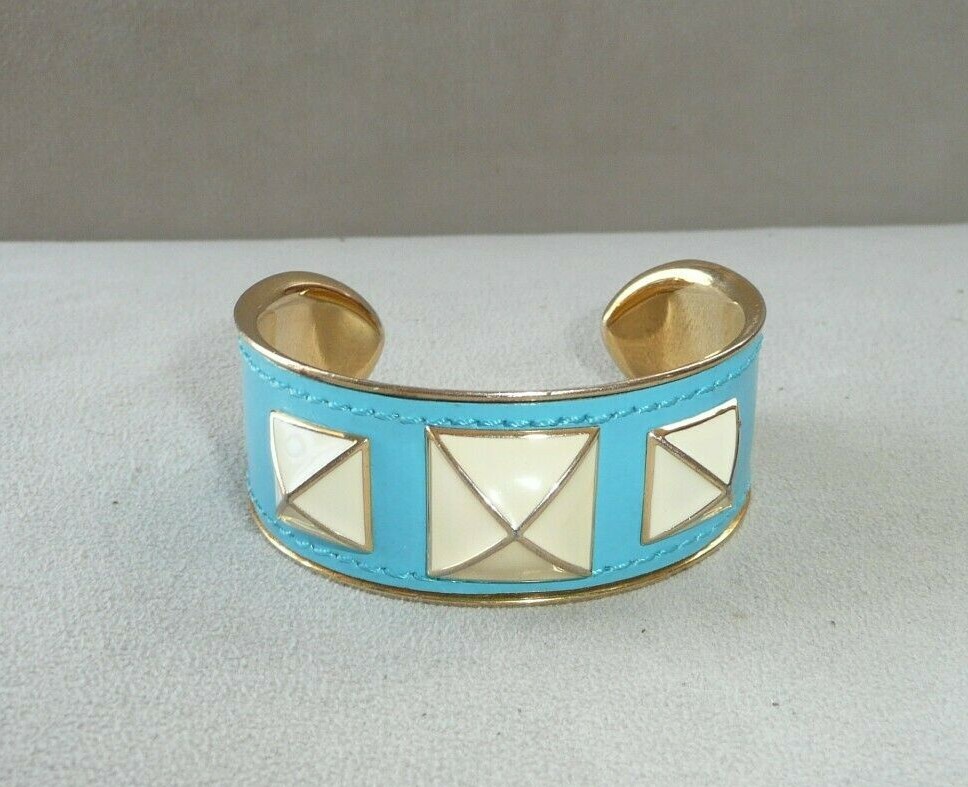 Rebecca Minkoff Blue Leather On Metal Cuff 3 Enamel Pyramid Studded Bracelet