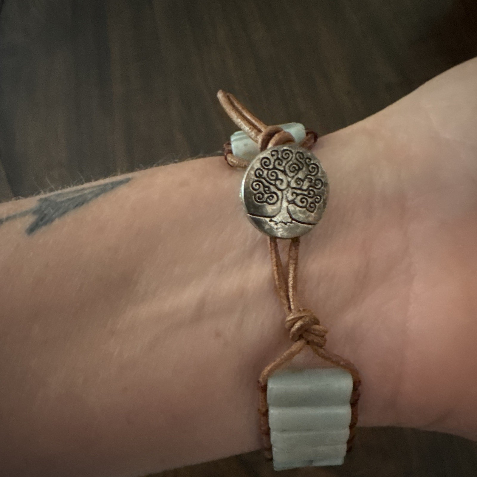Light Blue Amazonite Stone Beaded Bracelet Leather Cord Adjustable Knot Charm