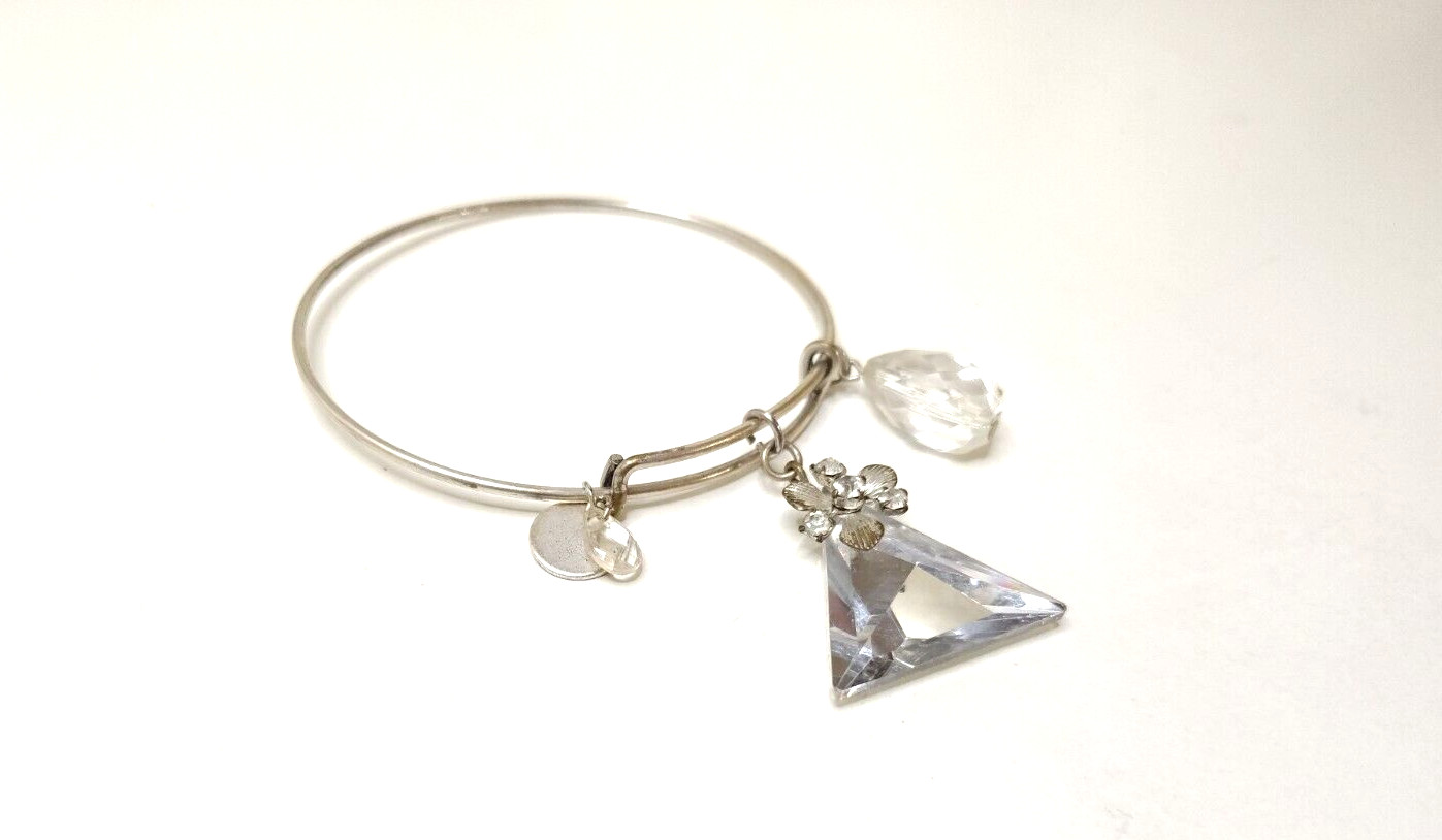 BANGLE CHARM BRACELT SILVER TONE FLOWER RHINESTONE FACETED WHITE/COLORLESS BEADS