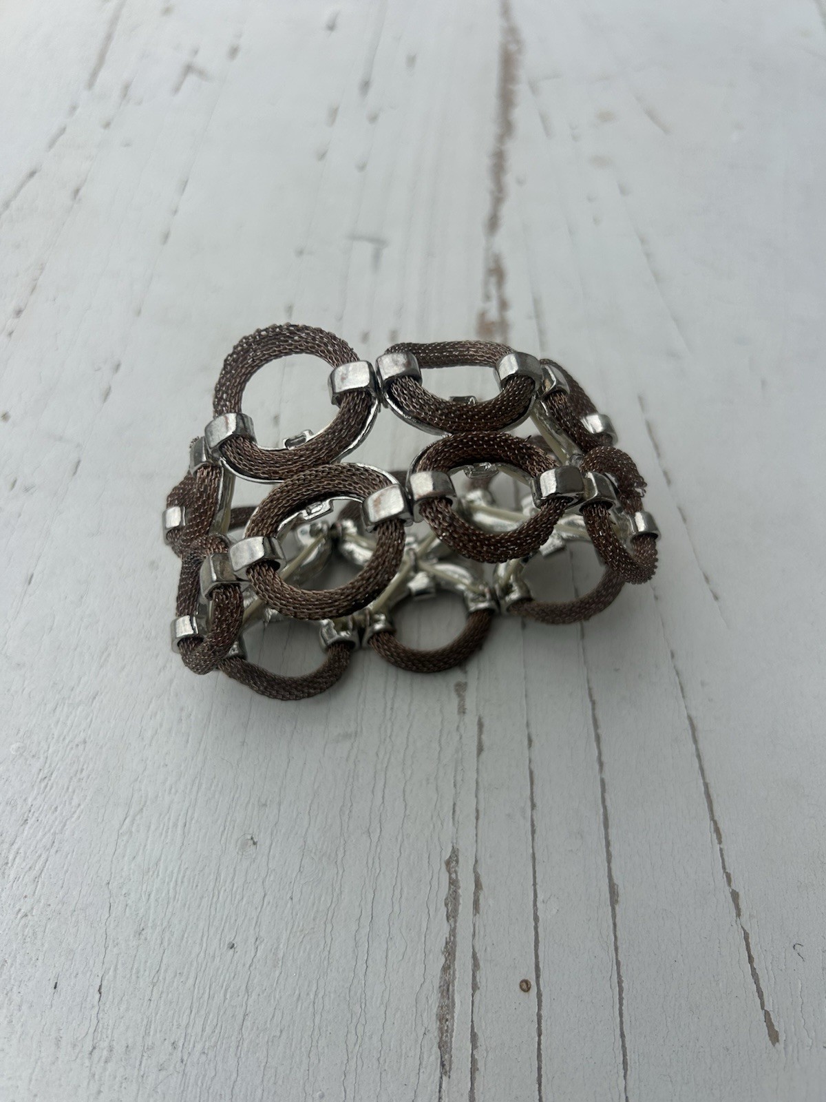 Chunky Silver & Brown Tone Textured Oval Curb Link Toggle Chain Bracelet