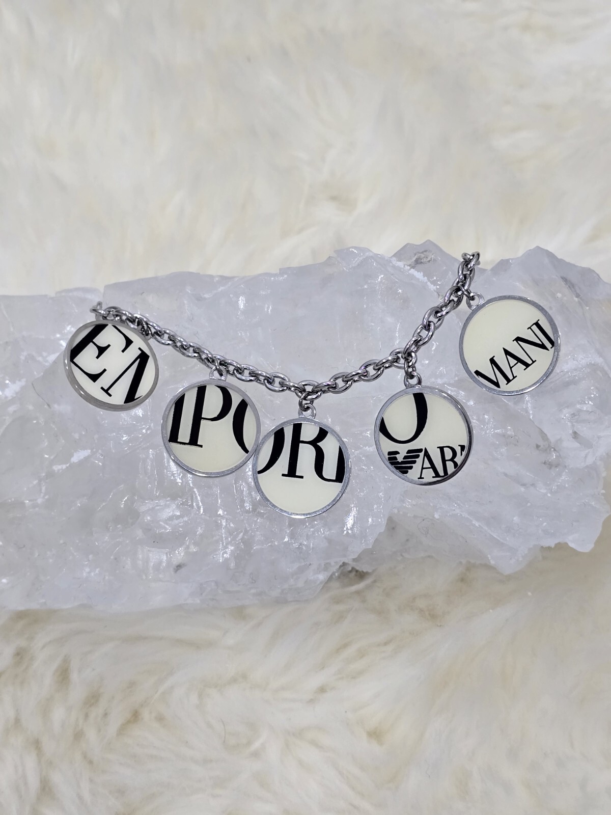 Emporio Armani Silver Tone and Cream Logo Charm Adjustable Chain Bracelet BNWT
