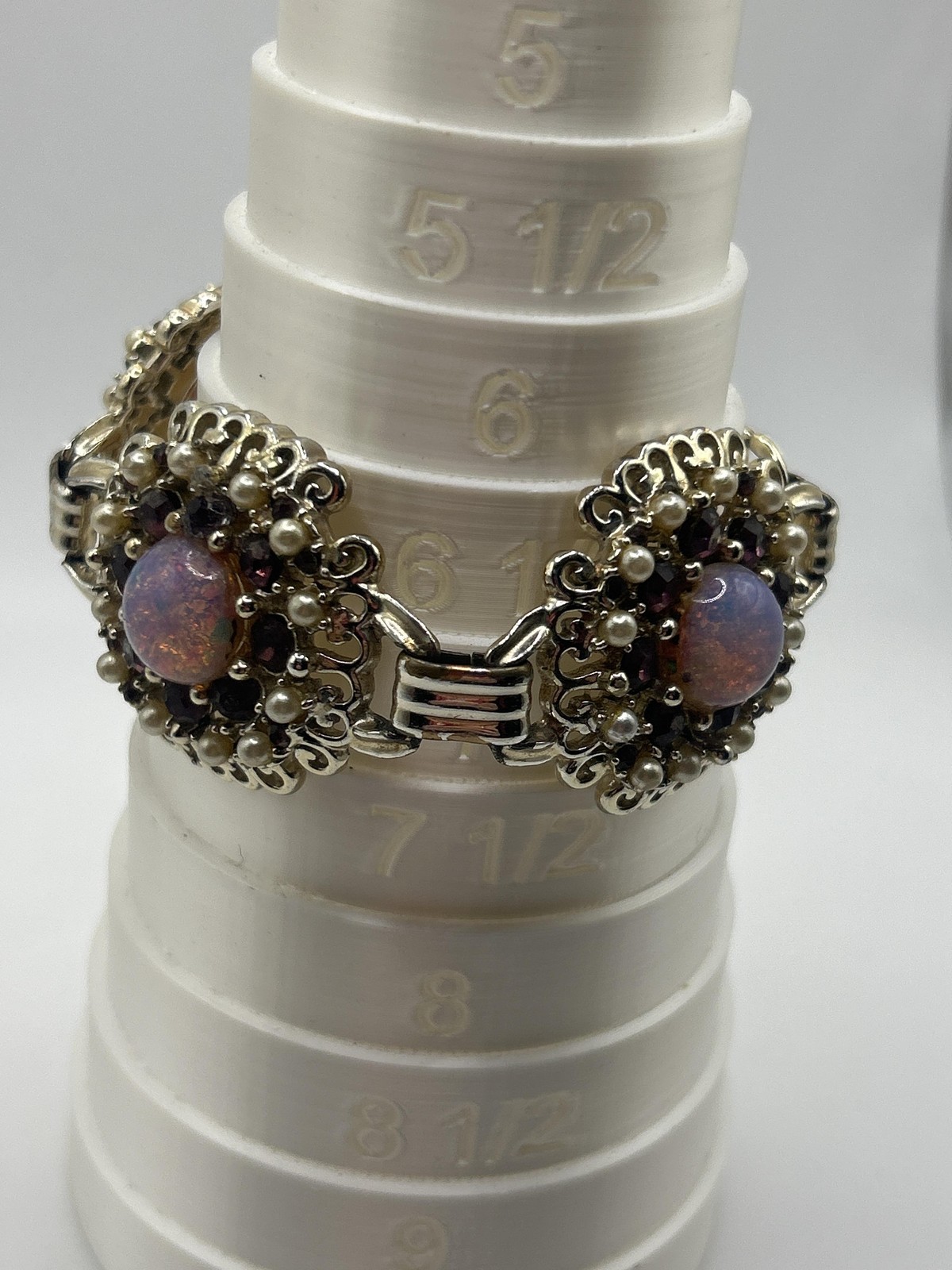 Vintage Silver Tone Beaded Bracelet Purple Cabochon Rhinestone Links Womens