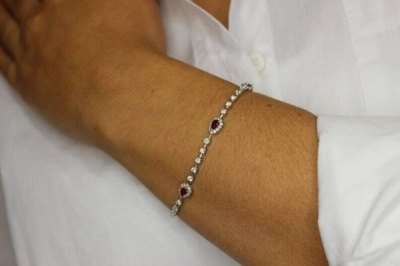 14K White Gold Plated 2Ct Pear Cut Simulated Ruby & Diamond Tennis Bracelet