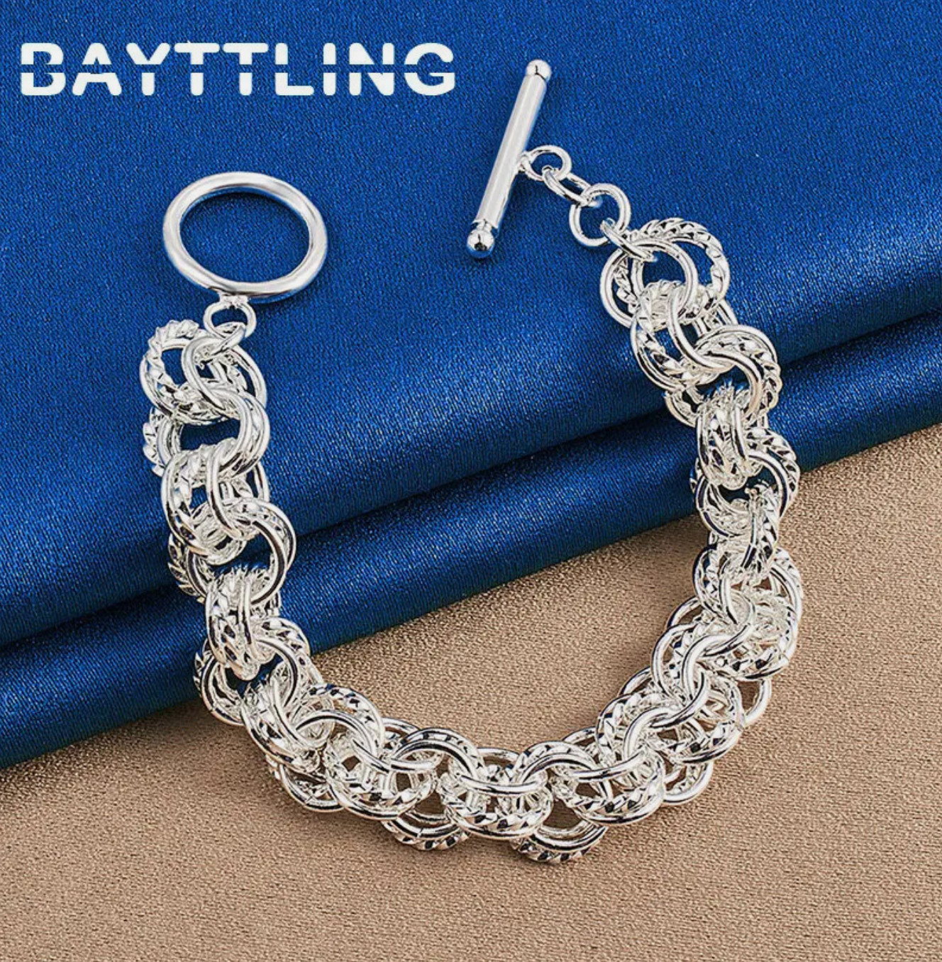 Bracelet 8 in 925 Sterling Silver Braided Round Link Chain Interlocking Rings