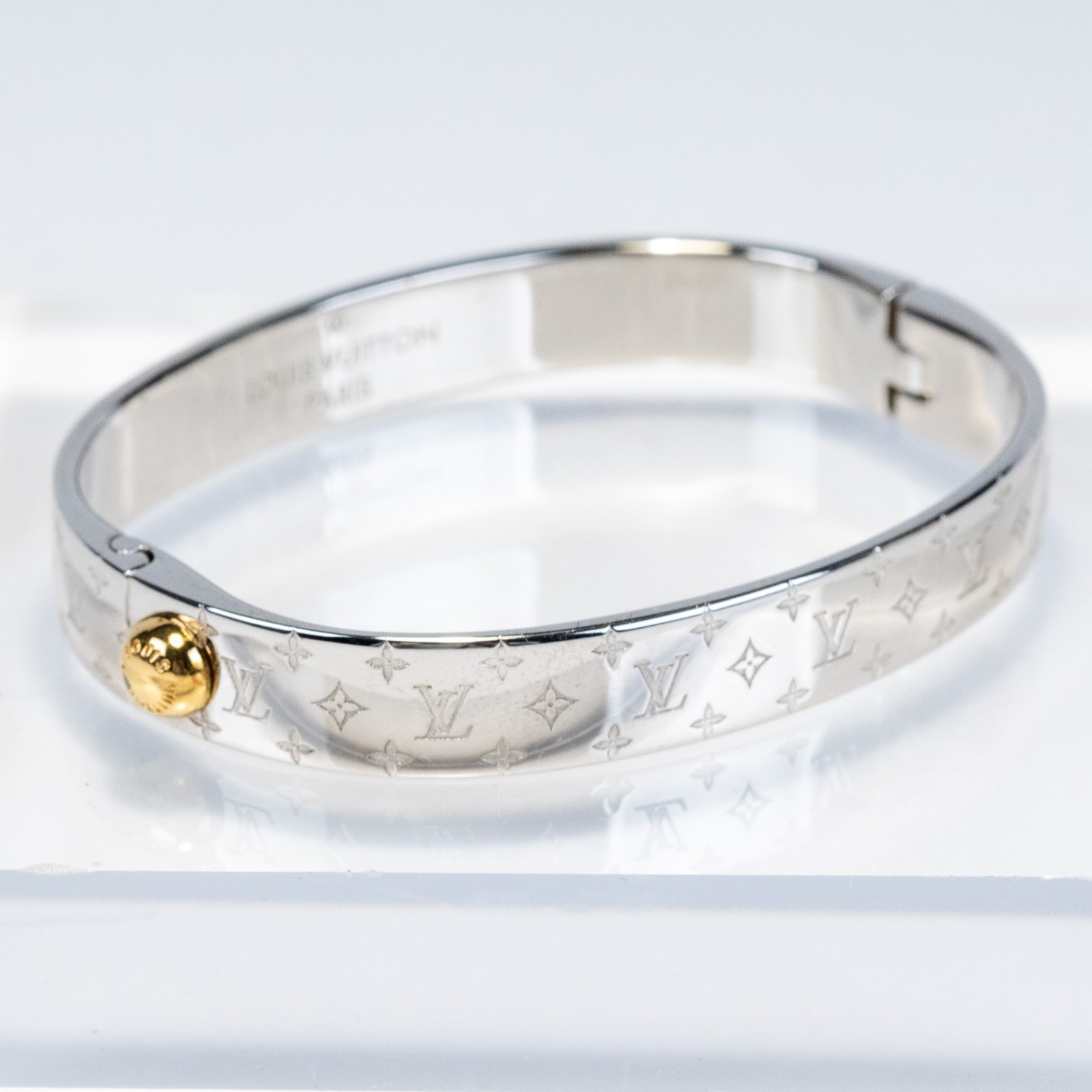 Louis Vuitton LV Nanogram Cuff Bracelet M00250 Bangle Silver Tone Size M