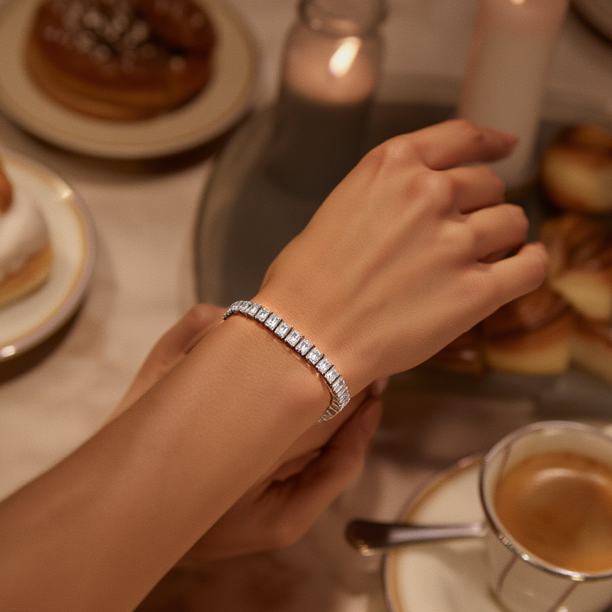 Silver-Tone CZ Tennis Bracelet Women Emerald Cut Crystal Stretch Elegant Gift