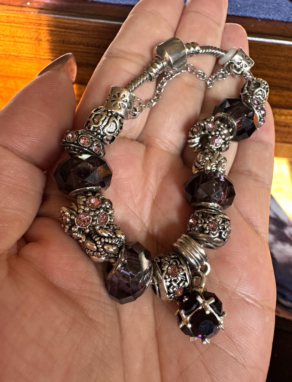DIY Sterling Silver 925 Snake Chain Charm Bracelet Purple Crystal Glass Beads