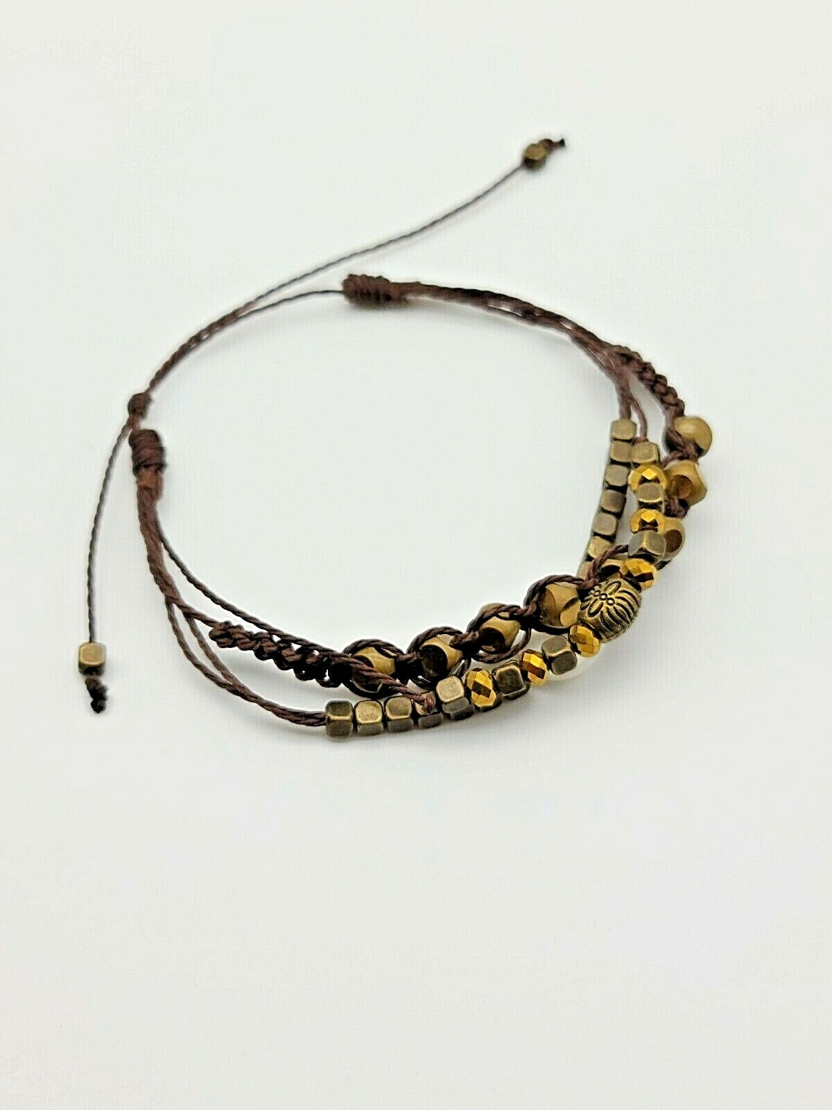Antique Bronze Beaded Multi-Strand Pull-Tie Bracelet w Brown Waxed Cord