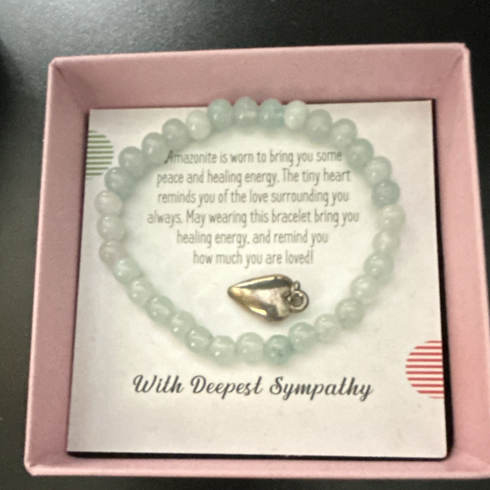 Amazonite Beaded Stretch Bracelet Light Green Heart Dangle Charm Sympathy