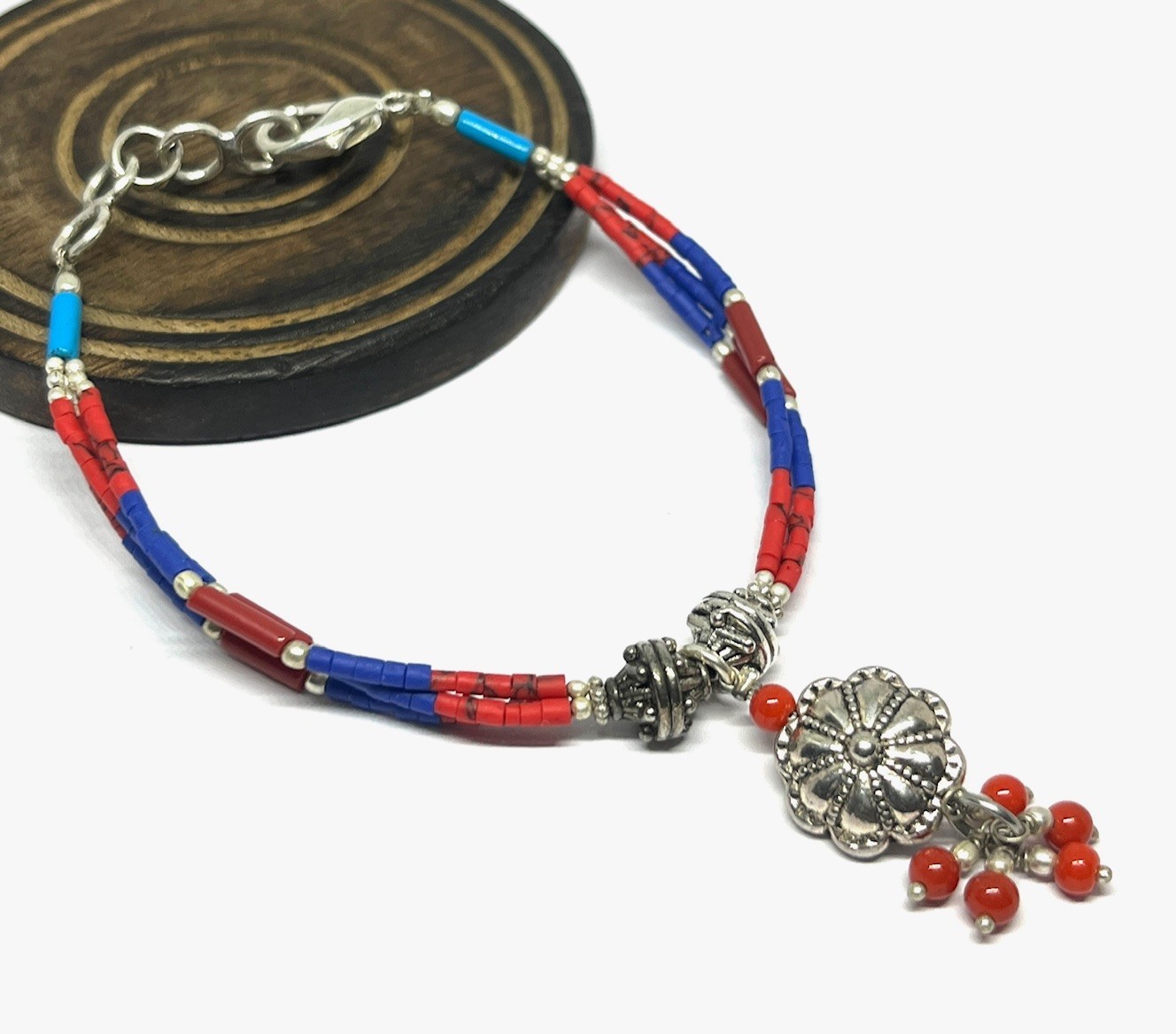 Lapis Coral Gemstone Tibetan Traditional Beaded Bracelet Jewelry, 7.0 Inch Adjs