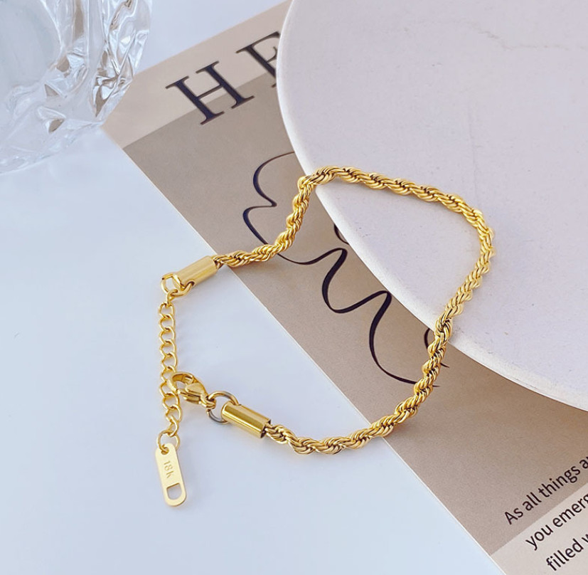 Women Girl 14K Gold Stainless Steel 3mm Rope Chain Bracelet 6+2inch Gift PE46