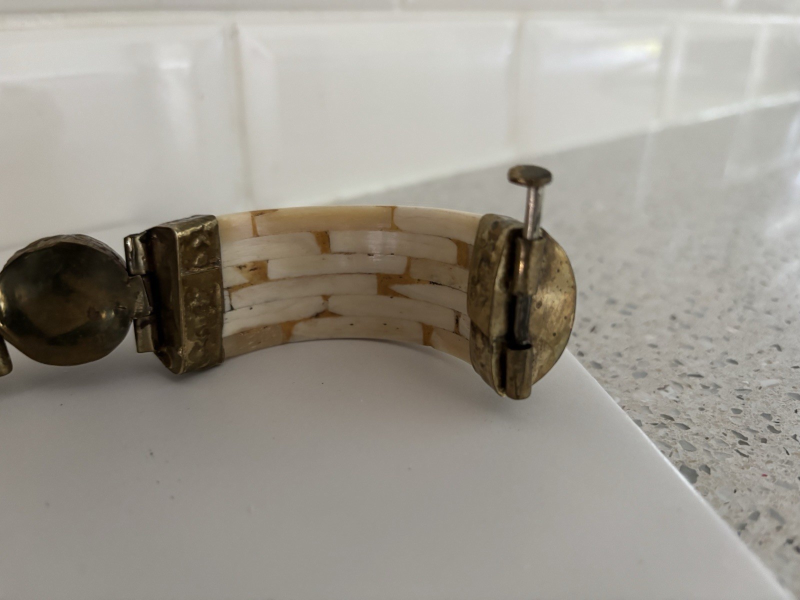 Vtg Antique Brass Bangle Ivory Bone Colore Bracelet Chunky Bracelet Purple Stone