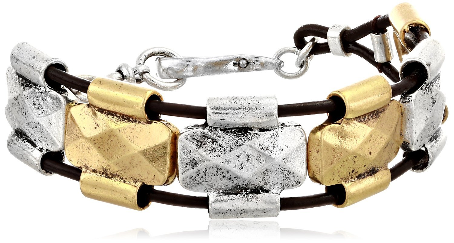 Lucky Brand Two-Tone Sliding Metal Bead Leather Cord Wrap Bracelet NWT
