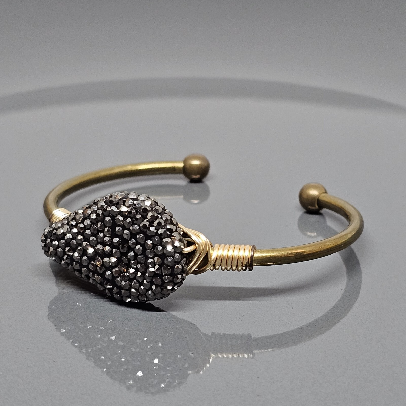 Cluster Black Rhinestone Brass Tone Bracelet Open Cuff Bangle for Small Wrist