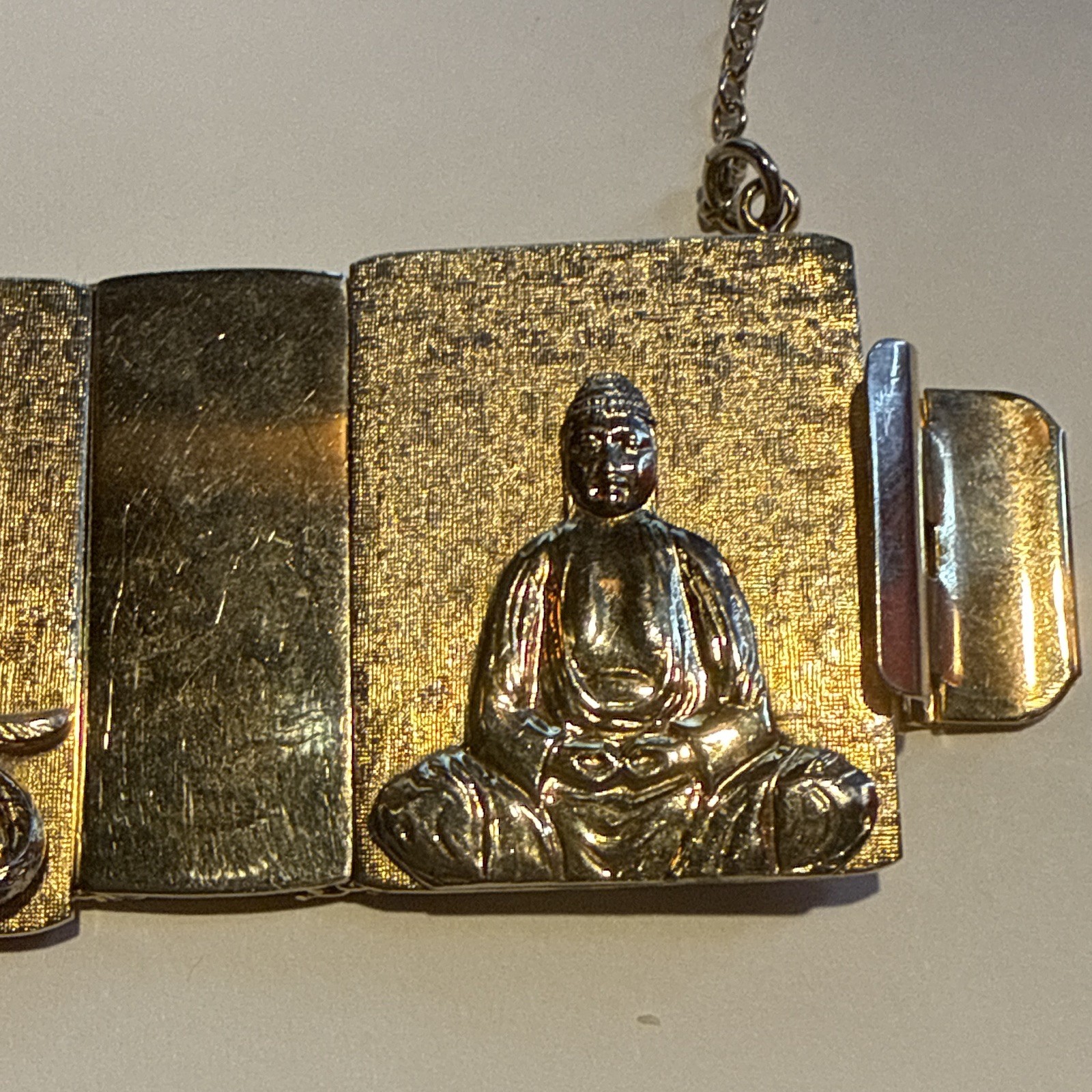 VINTAGE GOLD TONE BUDDHA DRAGON PANEL LINK BRACELET WITH SAFETY CHAIN