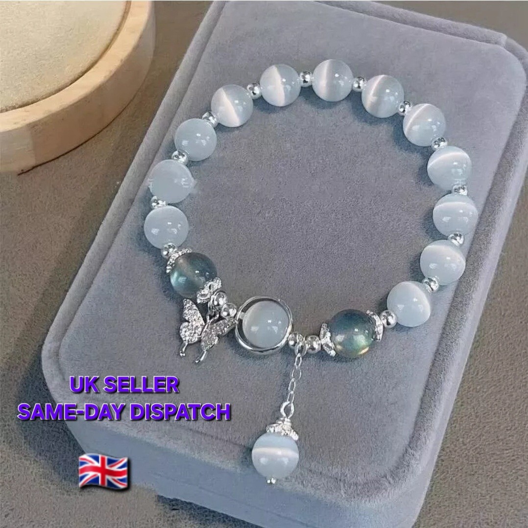 Butterfly Pendant Grey Bracelet Moonlight Stones Stretchable Bracelet Gift | UK