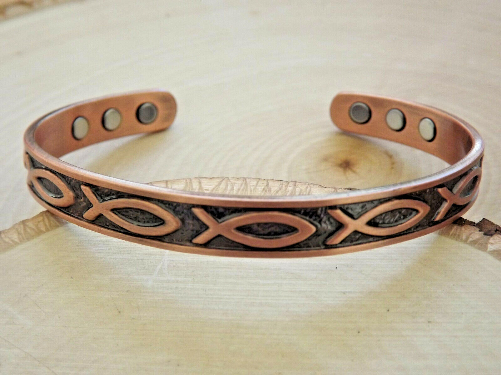 Pure Copper Magnetic Bracelet Arthritis Therapy Energy Cuff Jesus Fish