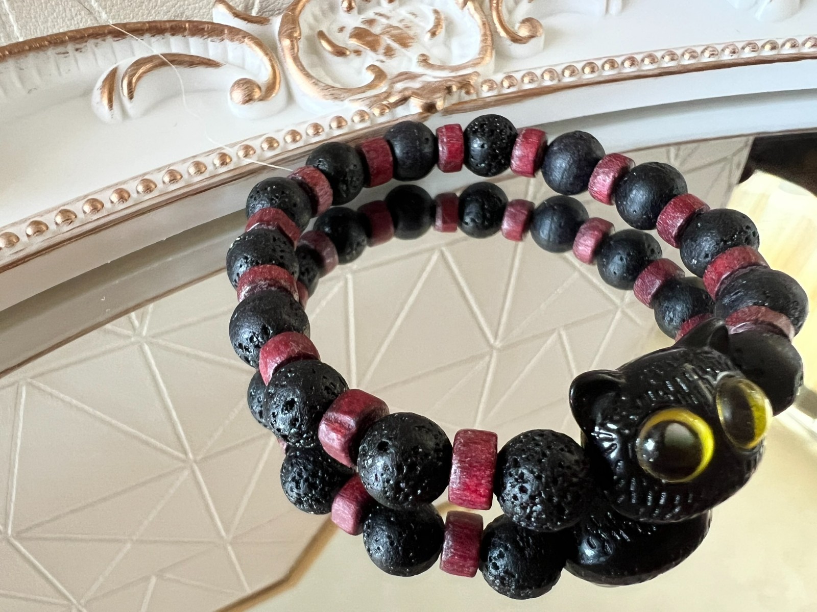 handmade elastic unisex unique vulcan stone beads & red wood accent bracelet