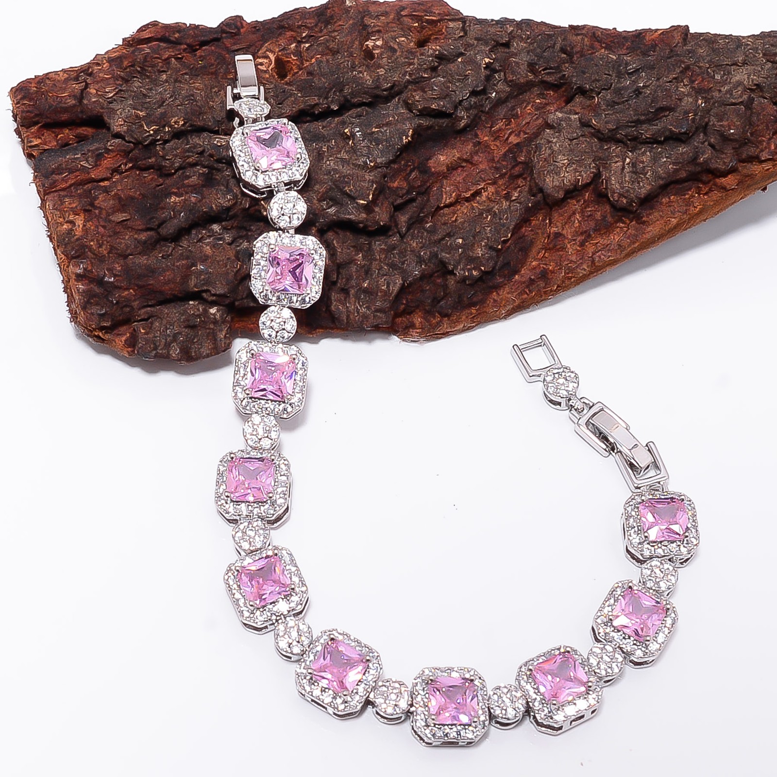 Pink Sapphire -Simulated, CZ 925 Sterling Silver Adjustable Bracelet 7-8″ B1912