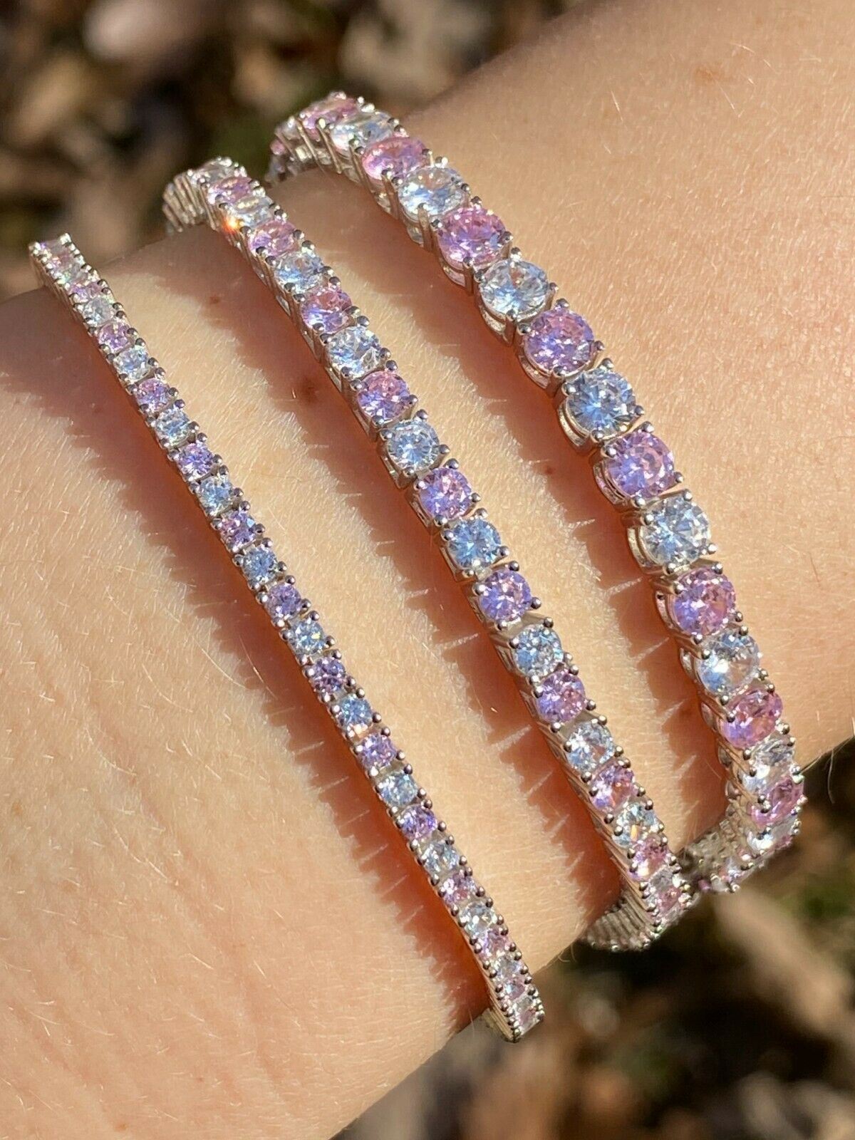 Tennis Bracelet SOLID 925 Sterling Silver Single Row Hip Hop CZ Pink Stone
