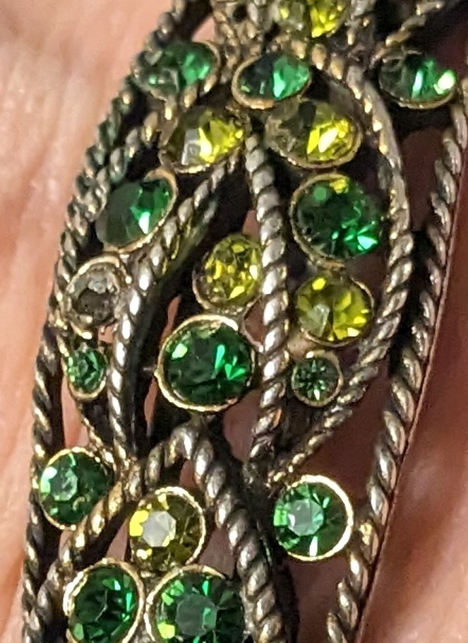 Green Crystal Rhinestone Hinged Bangle Bracelet, Gold & Silver Tone Metal