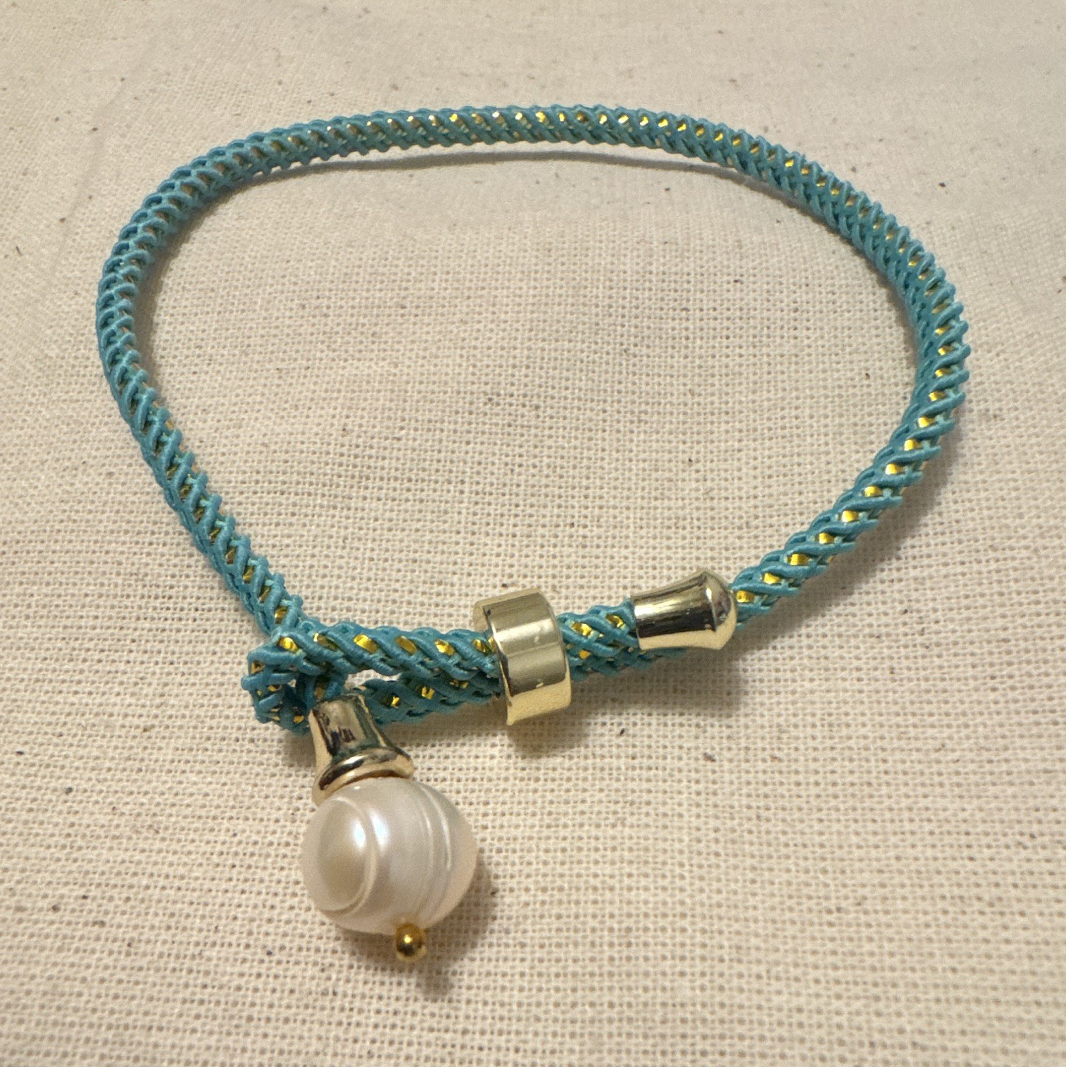 Teal Cord Charm Bracelet Gold-Tone Adjustable Slide with White Freshwater Pearl