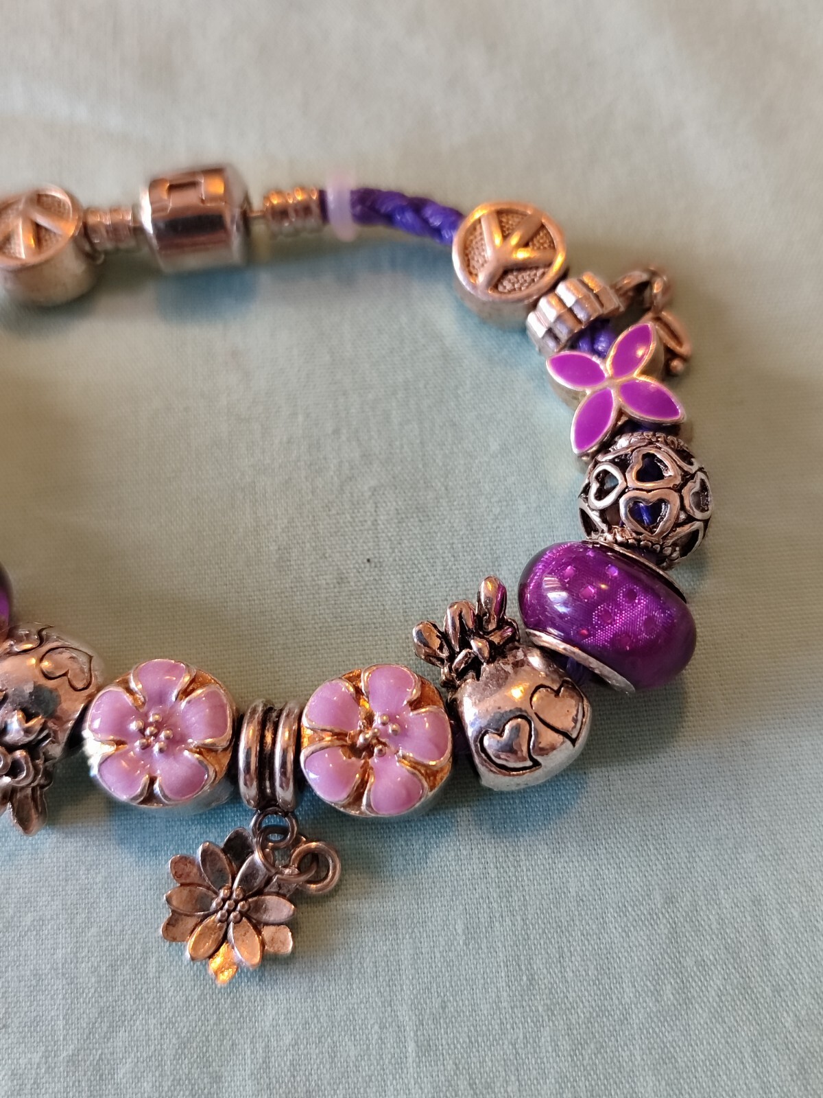 European Slide Charm Bracelet Silver Plate Purple Enamel And Acrylic Bead 7″