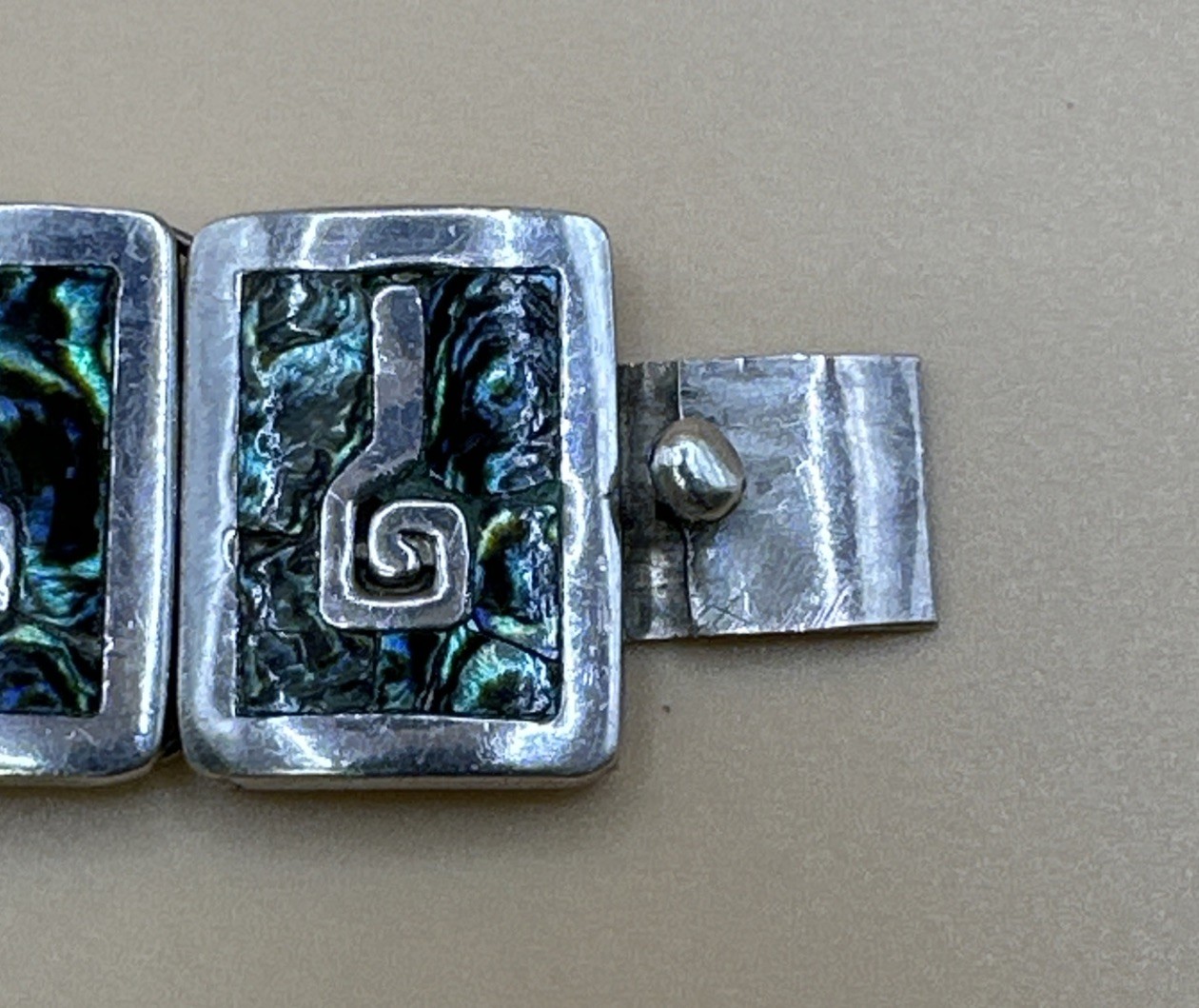 Vintage 925 Sterling Silver Blue Green Inlay Link Wide Bracelet /Size 6.5