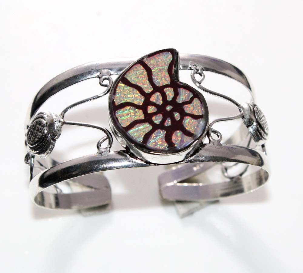 925 Silver Plated Huge Dichroic Glass-Ammonite Bangle FreeSize Stylish Gift GW