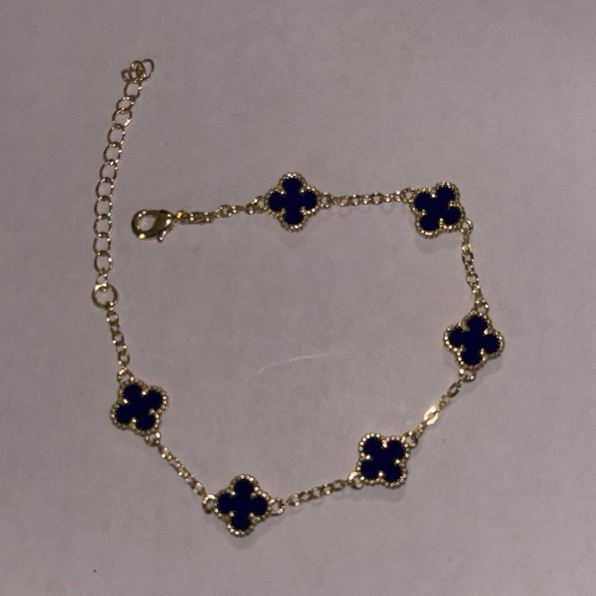 Gold Tone Blue Clover Dangle Charm Bracelet, 5 Links, Adjustable Lobster