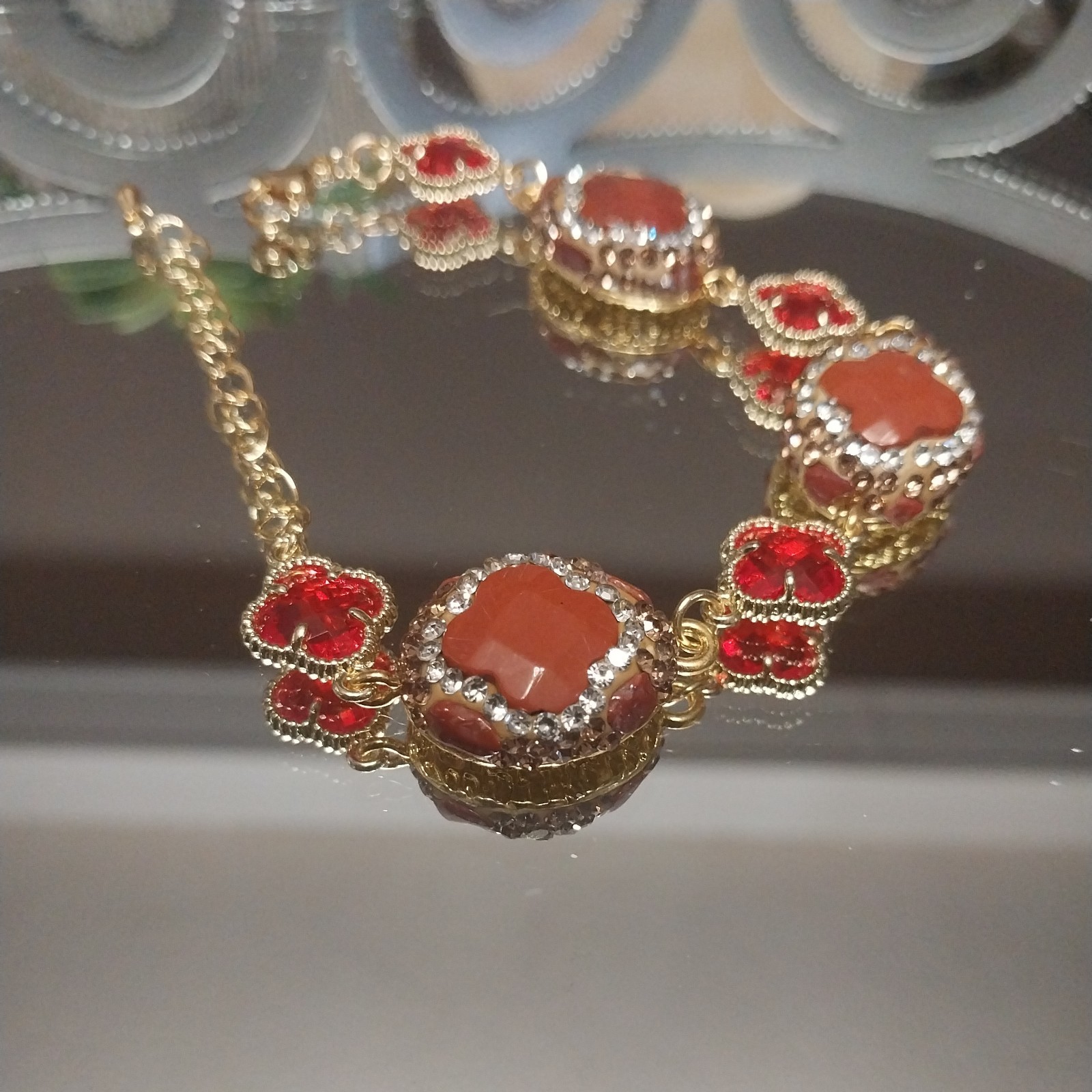 Natural Stone Carnelian. Red Clover. Bracelet Gold Plated. Turkish Style.