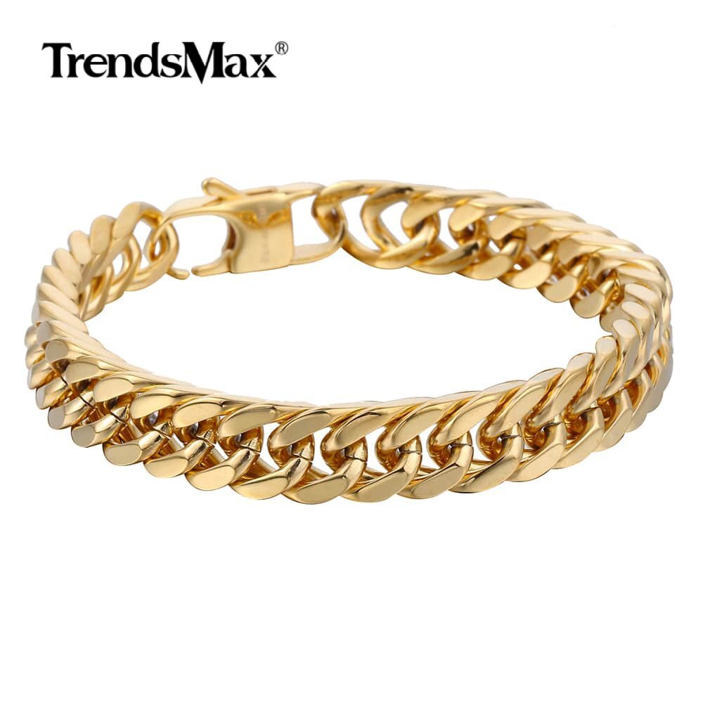 10/15mm Curb Cuban Rombo Link Bracelet Gold Plated 316L Stainless Steel Chain