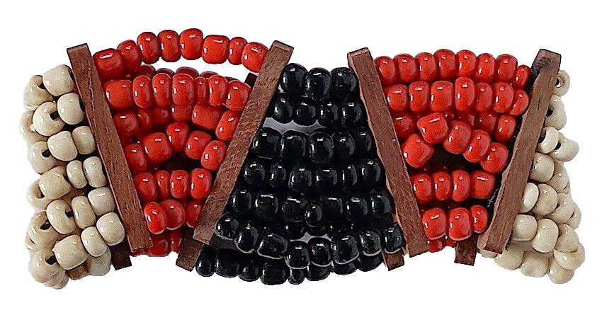 Elastic Bracelet, Red, Tan & Black, Glass & Wood Beaded Stretch, 6.5 to 8″