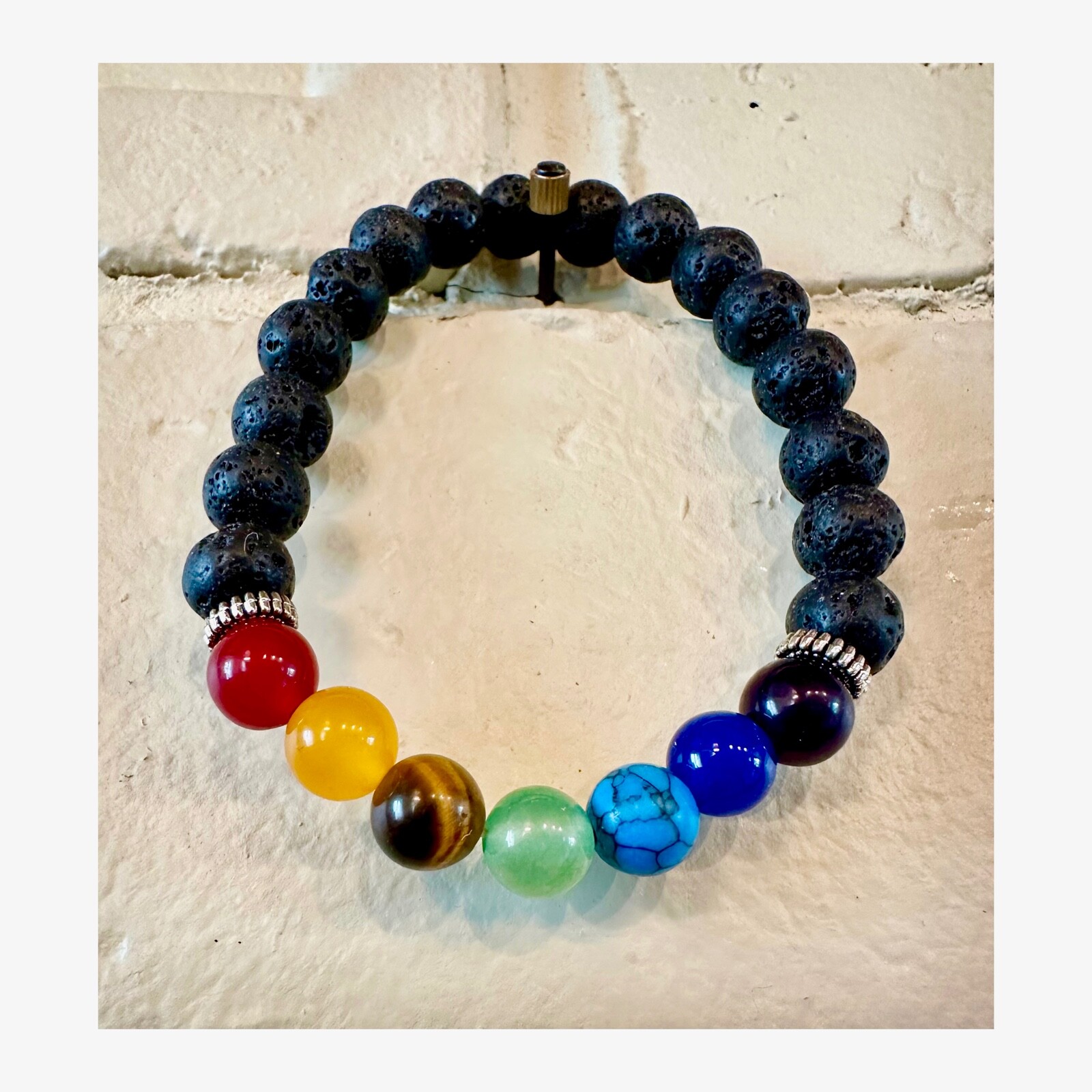 7 Chakra Lava Rock Unisex Bracelet, healing stress relief, essen. oil, w/ bag