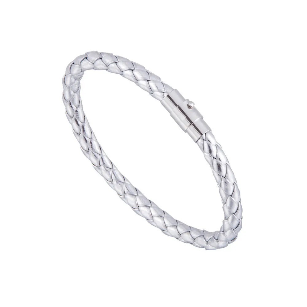 Silver Stainless Steel Magnetic Clasp Braided Leather Bracelet for Men’s Women’s