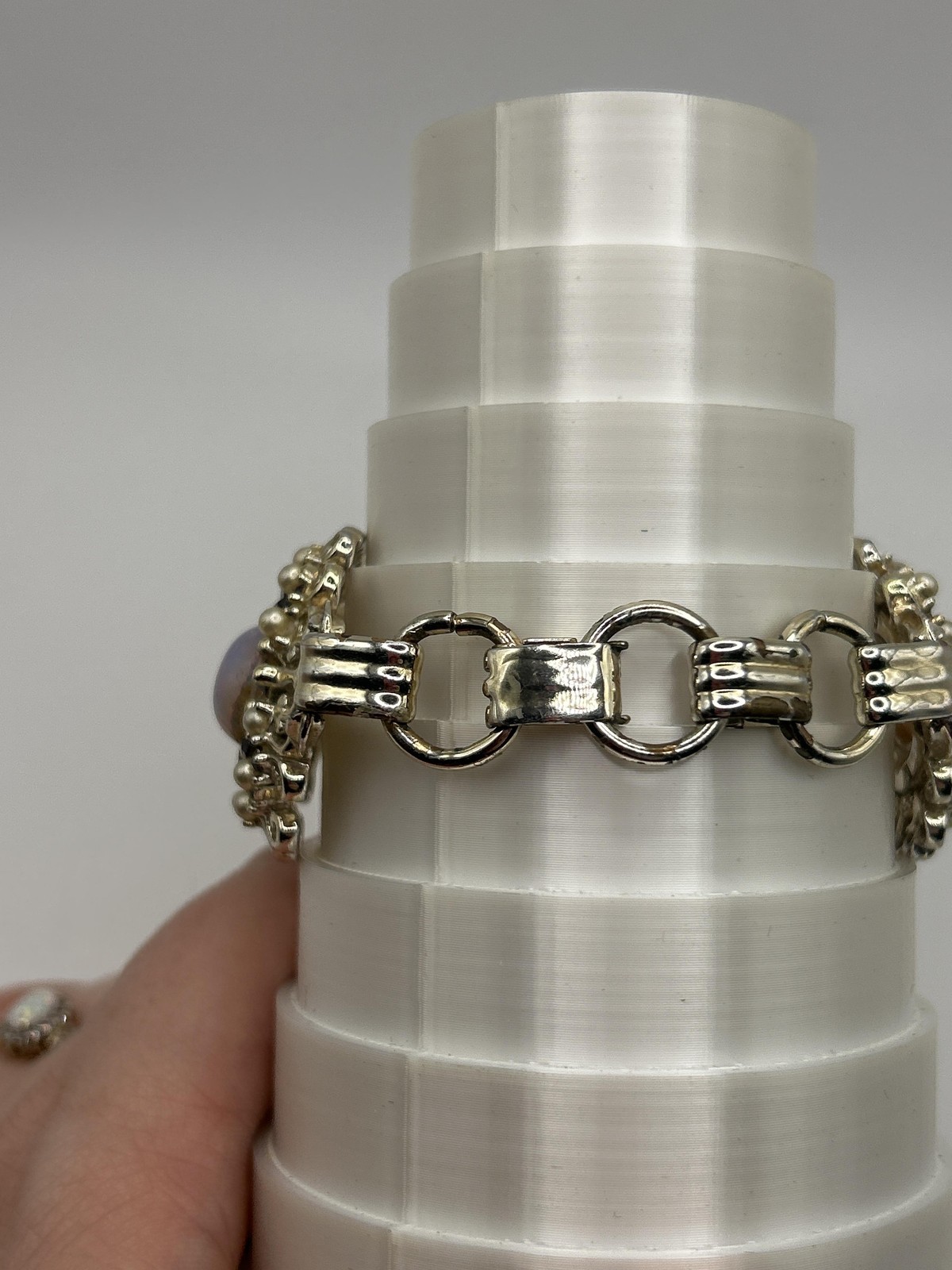 Vintage Silver Tone Beaded Bracelet Purple Cabochon Rhinestone Links Womens