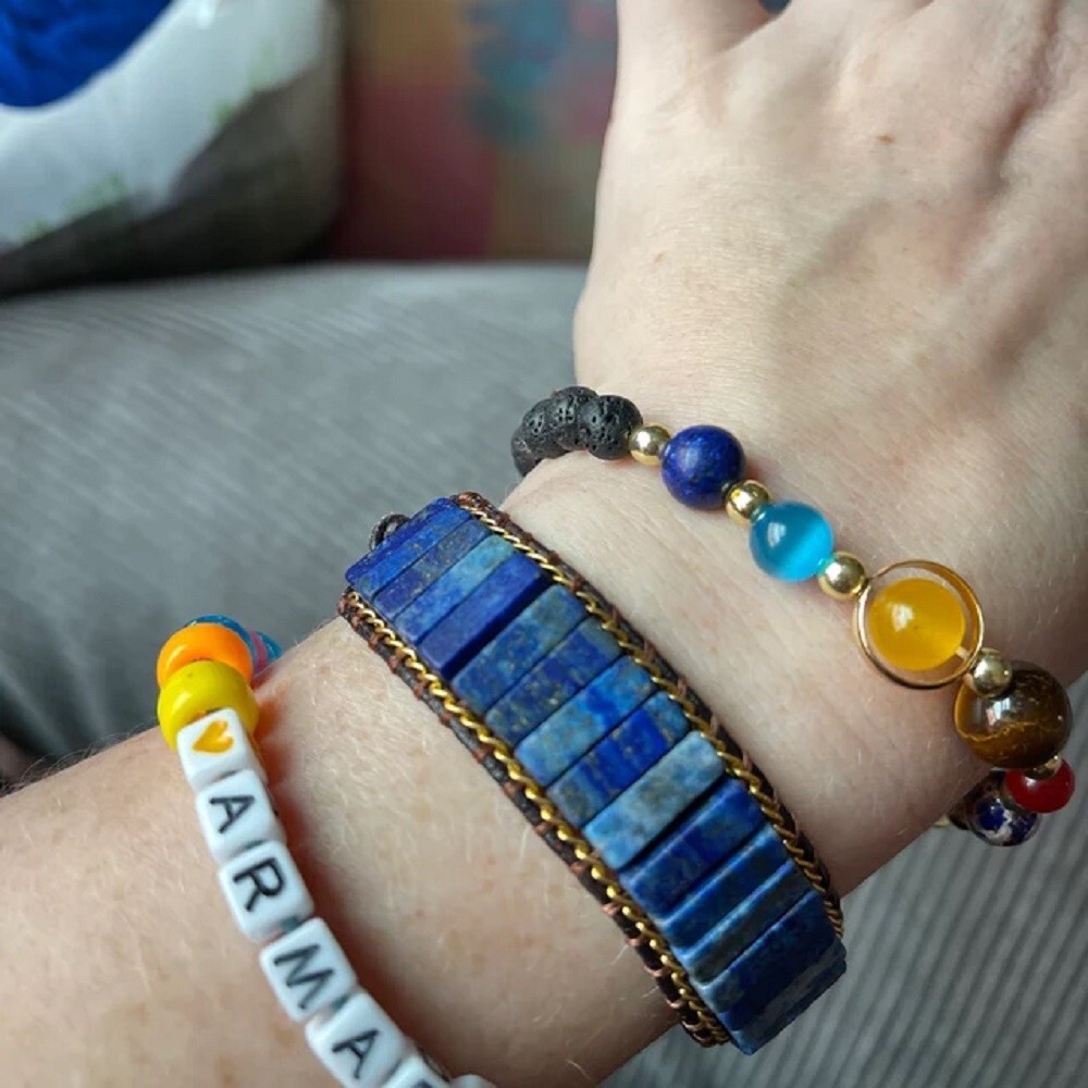 Natural Lapis Lazuli Tube Stone Bracelet Leather Braided Bracelet Adjustable