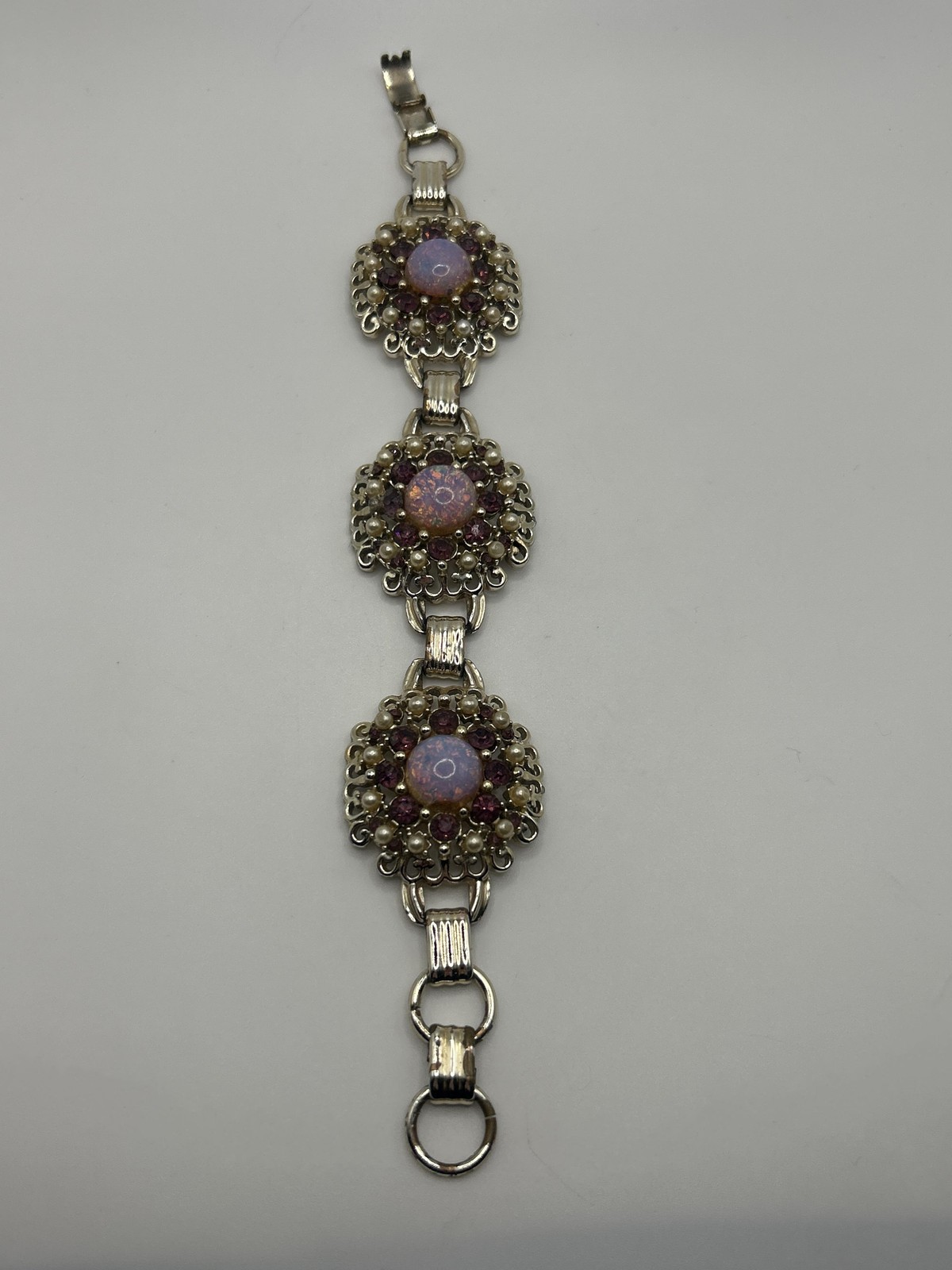 Vintage Silver Tone Beaded Bracelet Purple Cabochon Rhinestone Links Womens