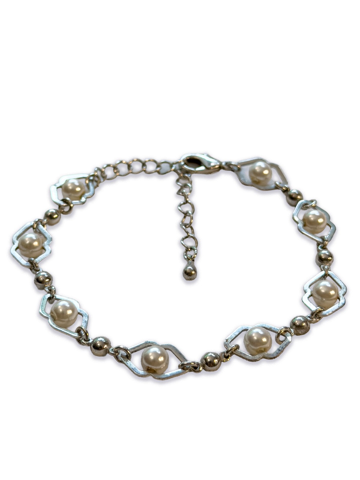 Faux Pearl Silver Tone Link Tennis Bracelet 6.75 in.