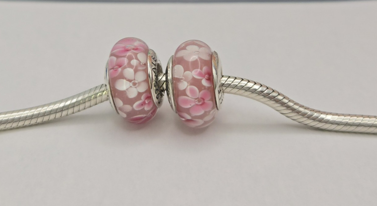 Authentic Pandora Pair of pink flower delicate pink floral Charms Murano Glass
