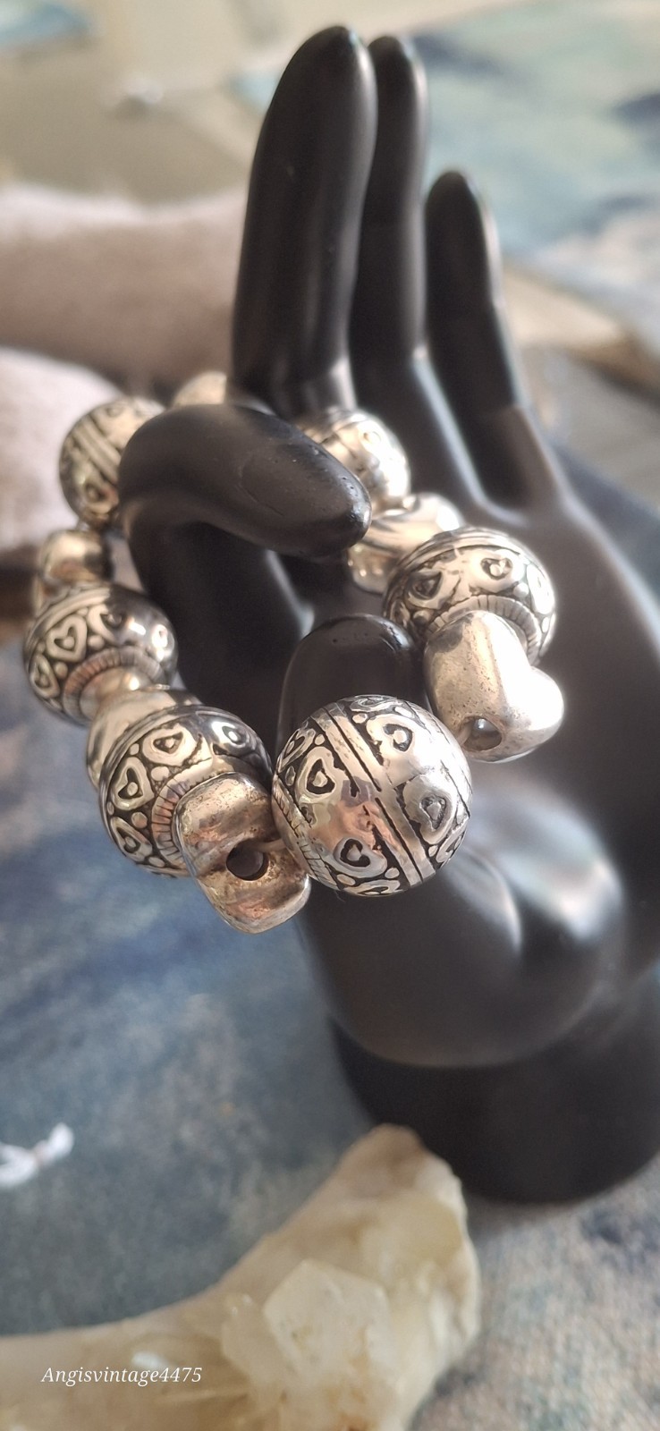 Scroll Design Bracelet Large Chunky Silver Coated Bead & Puffy Hearts Stretches