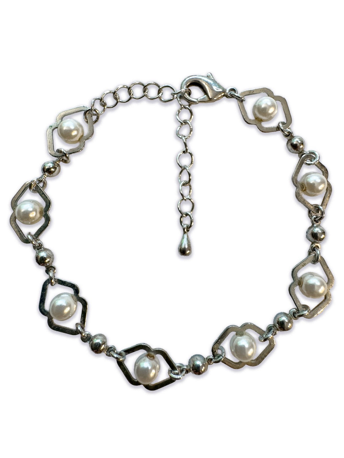 Faux Pearl Silver Tone Link Tennis Bracelet 6.75 in.