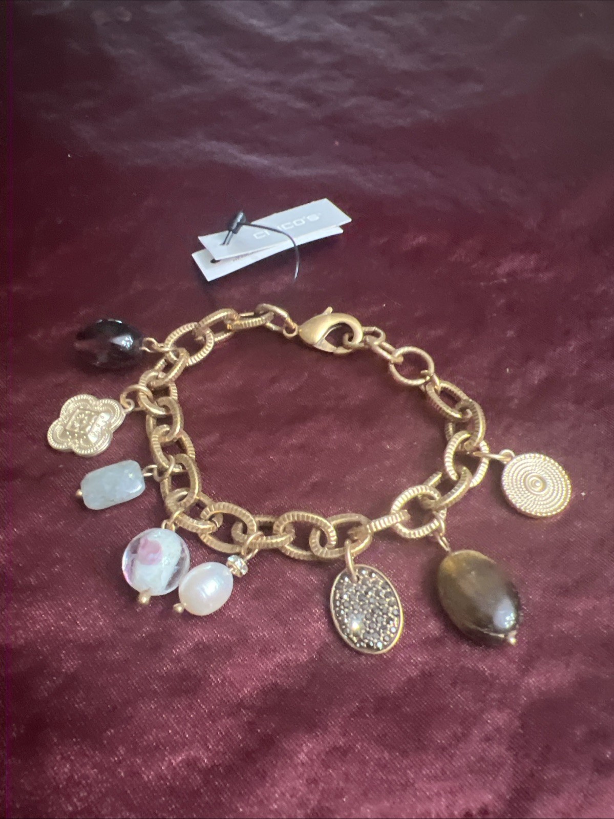 (487). Chico’s Gold Tone Multi Charm Chain Bracelet Bead Stone Crystal Womens 8″
