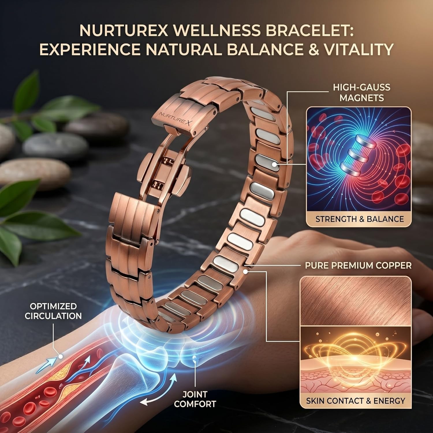 Men’s 10,000 Gauss Adjustable Copper Magnetic Bracelet with Easy Fold Over Clasp