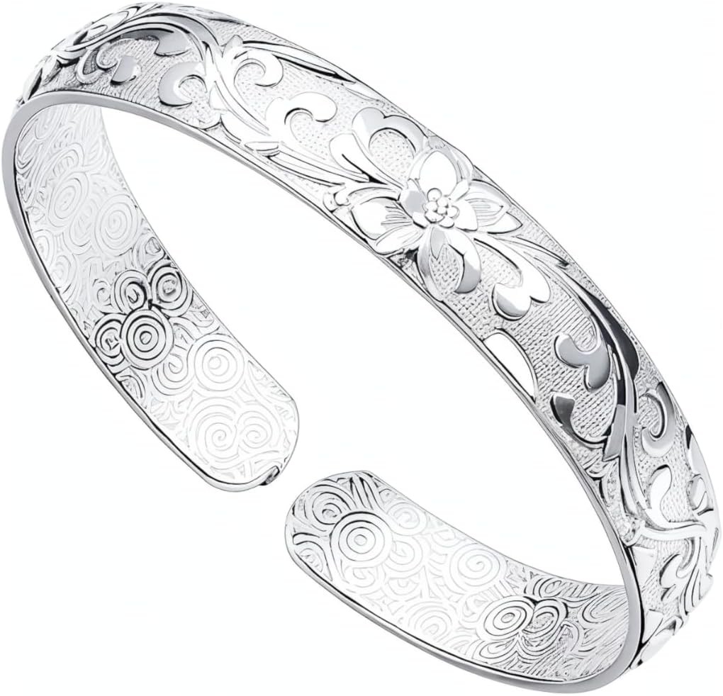 Simple 925 Sterling Silver Cuff Bangle Bracelet, Adjustable Open Design, Elegant