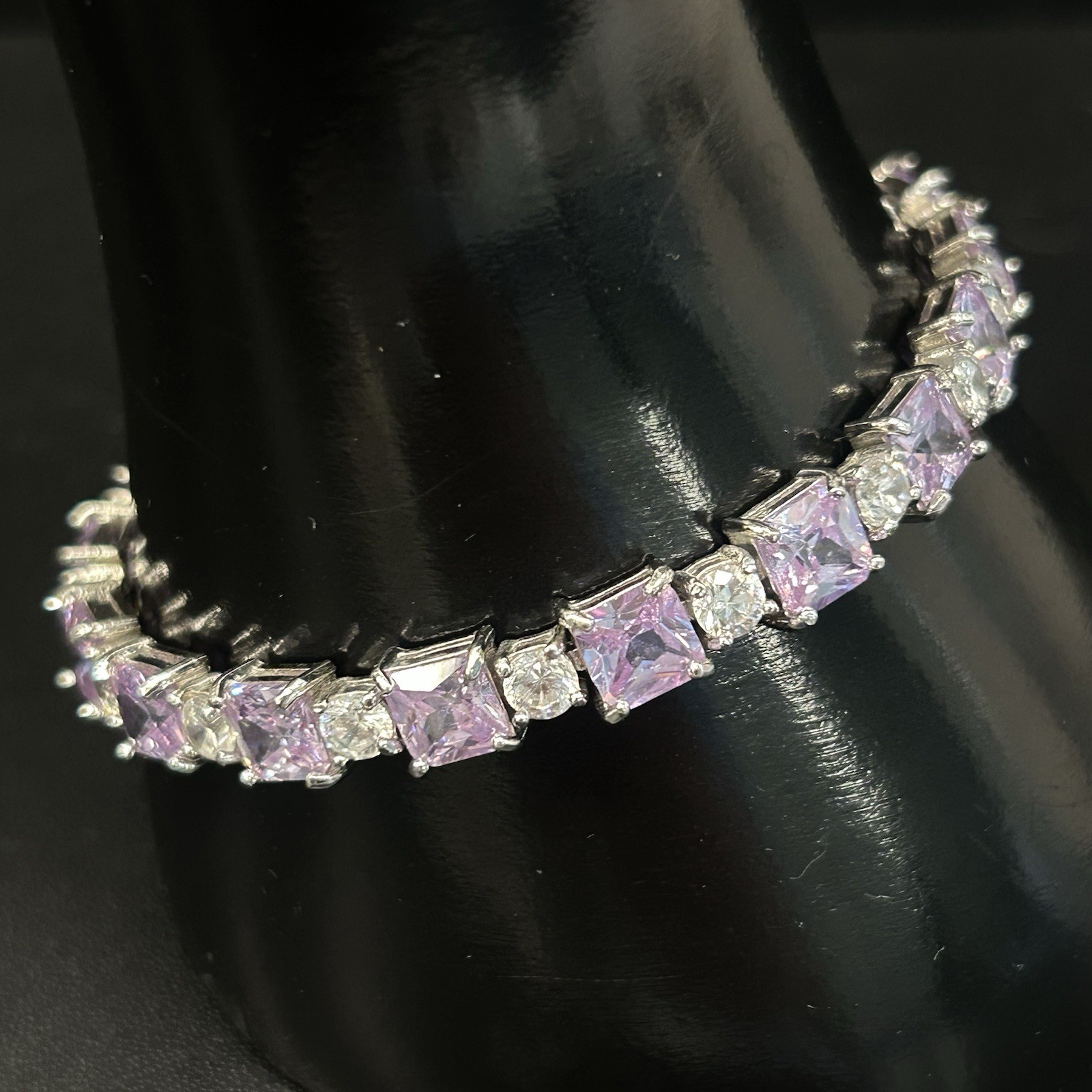 Vintage FAS Sterling Silver Lavender & Clear CZ Tennis Bracelet, Fine Art Silver