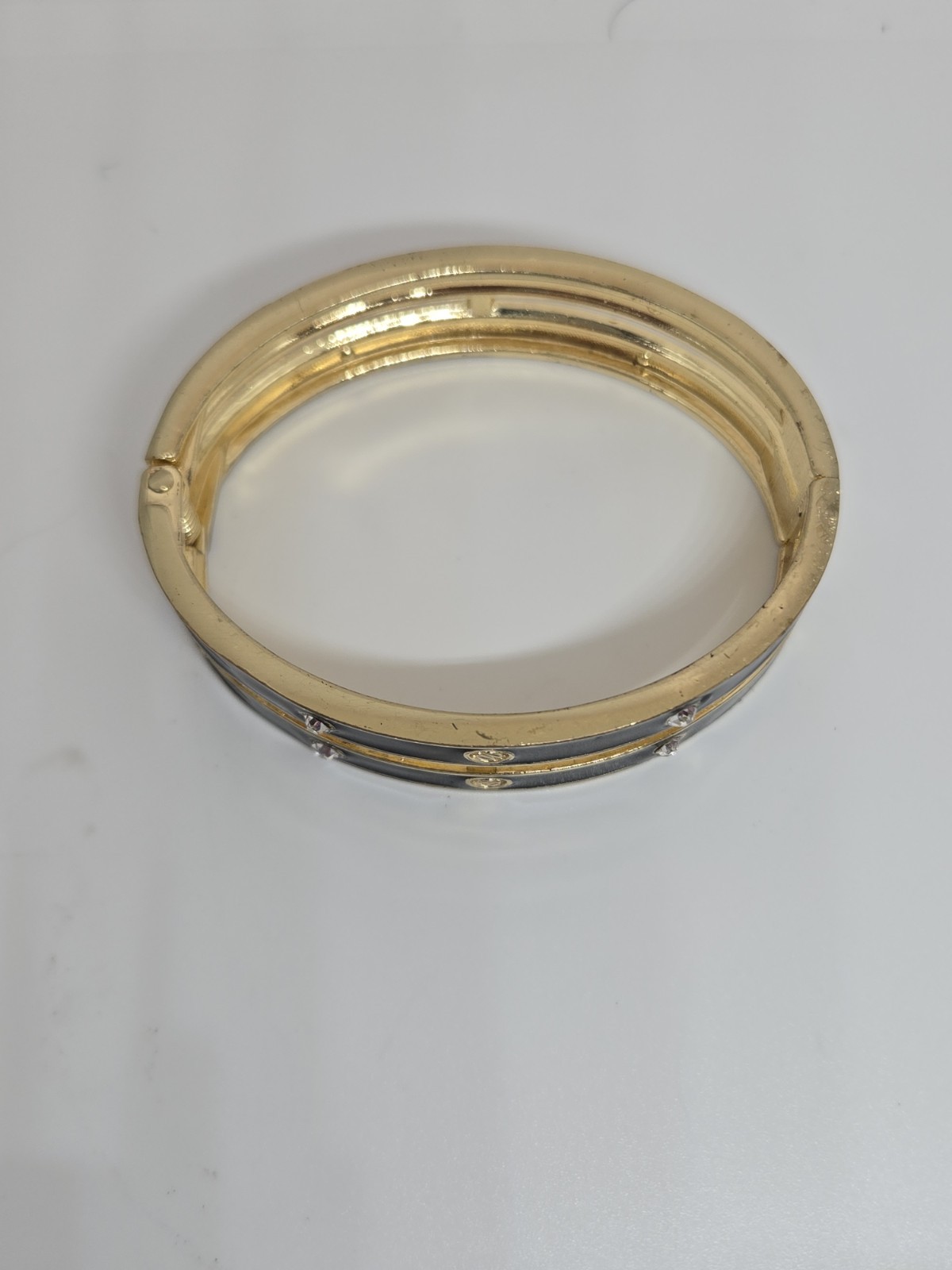 Gold Black Enamel Bangle Bracelet Metal Push Lock Oval Hinged