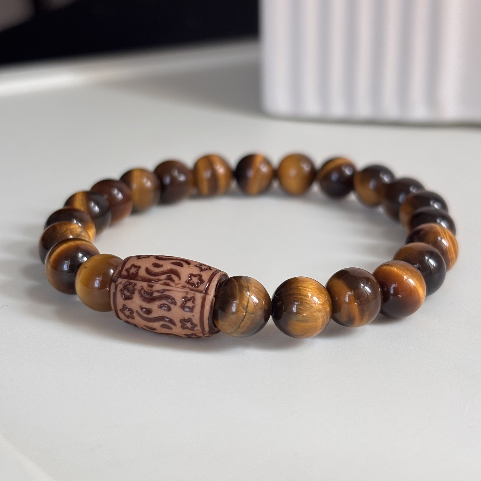 Tiger Eye Beaded Bracelet Wooden Spacer Stretch Crystal Healing Unisex