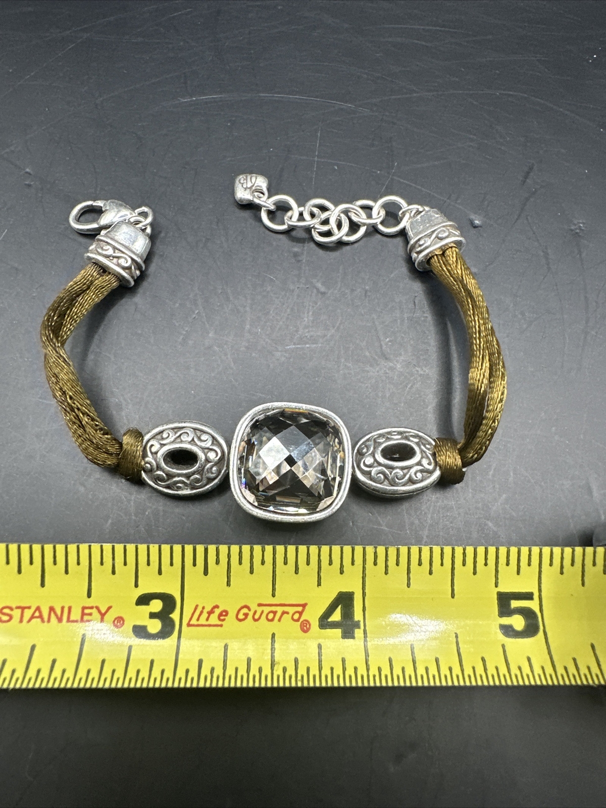 Brighton VENUS AMBER Brown Cord Square Stone Silver Scrolled Ovals Bracelet J52