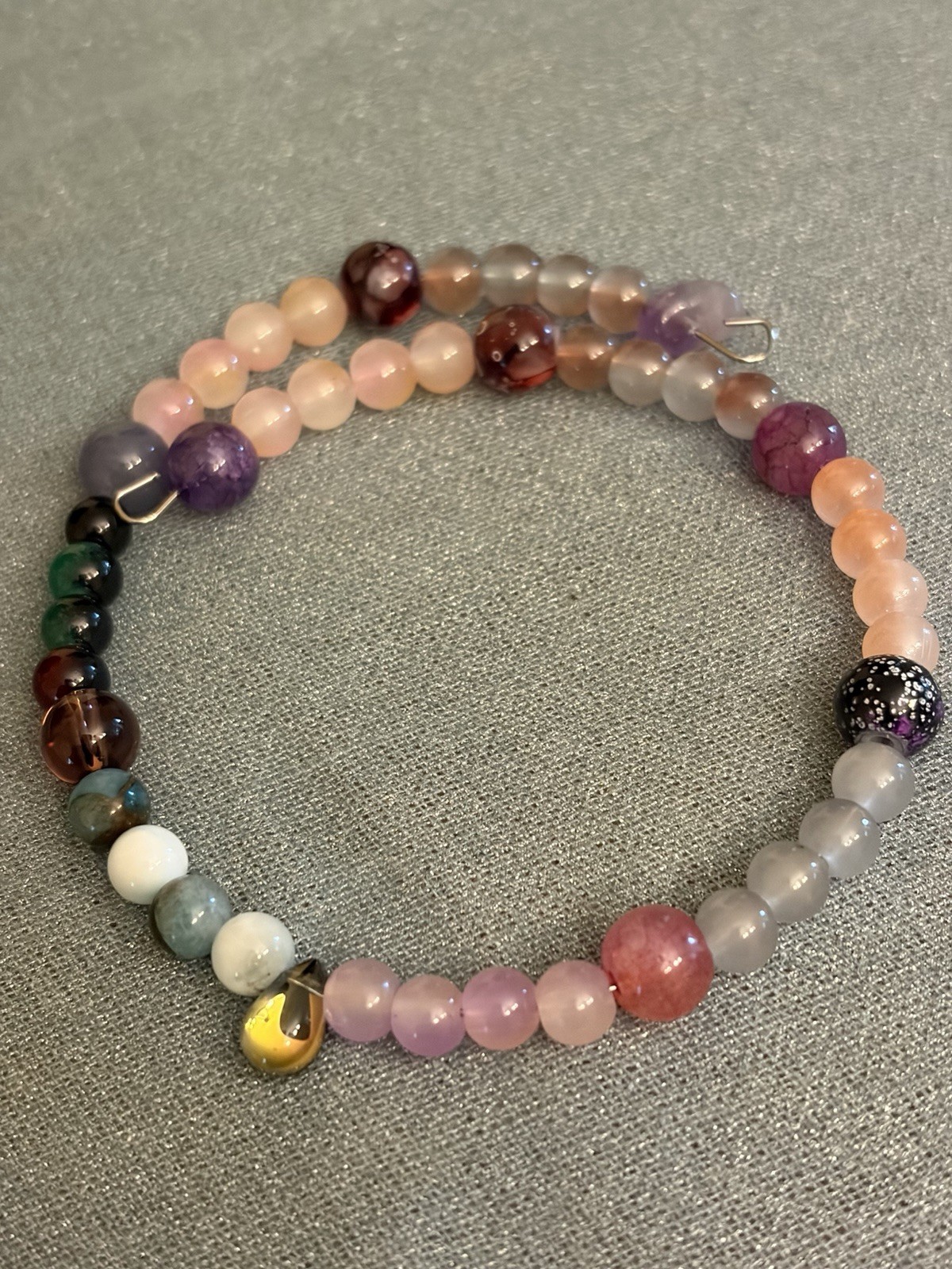 Multicolor Round Assorted Gemstone Beaded Bracelet w/ Dangle Charm